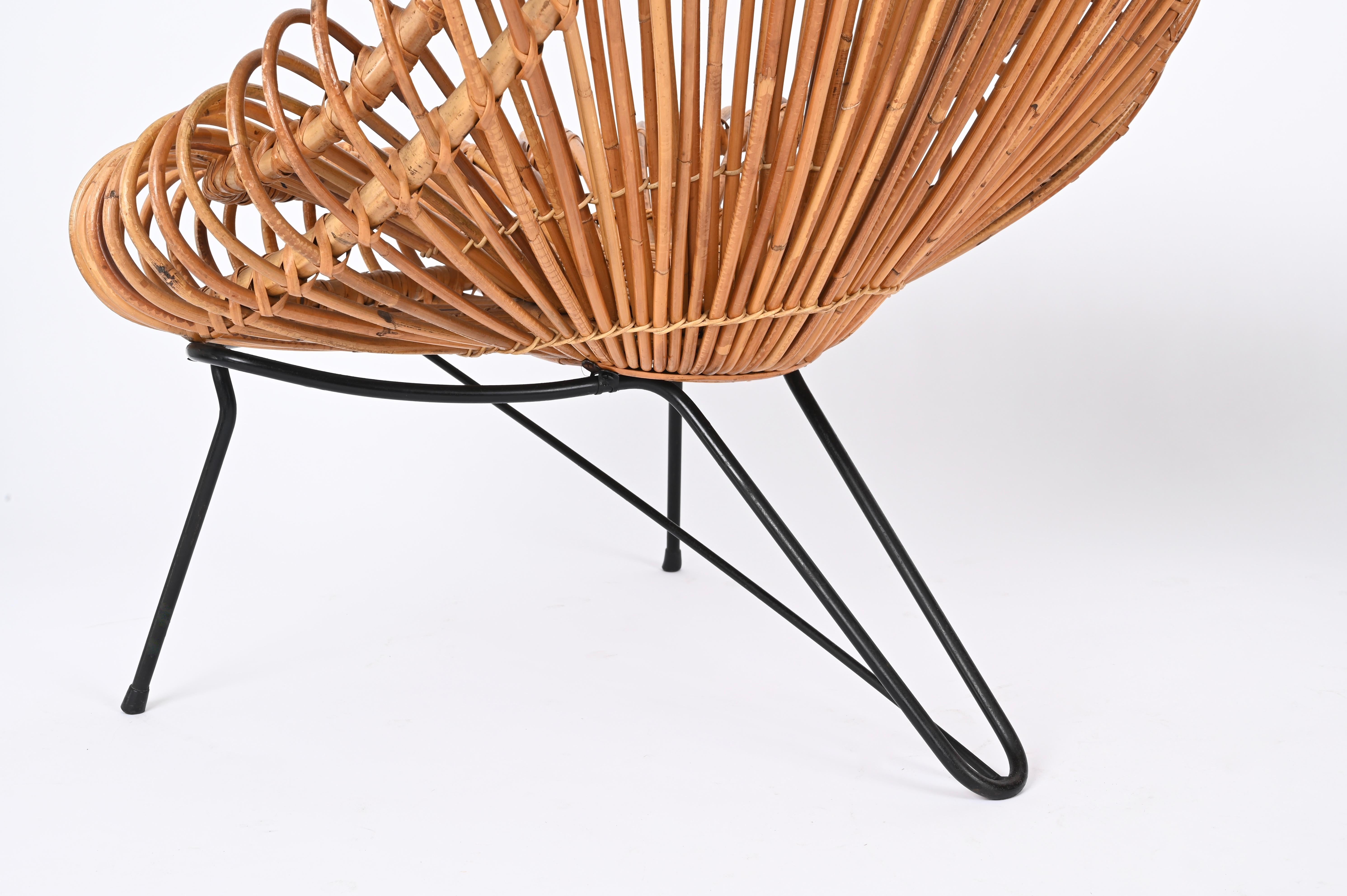 Metal Pair of Sculptural Rattan Lounge Chairs by J. Abraham and Dirk Rol, France 1950