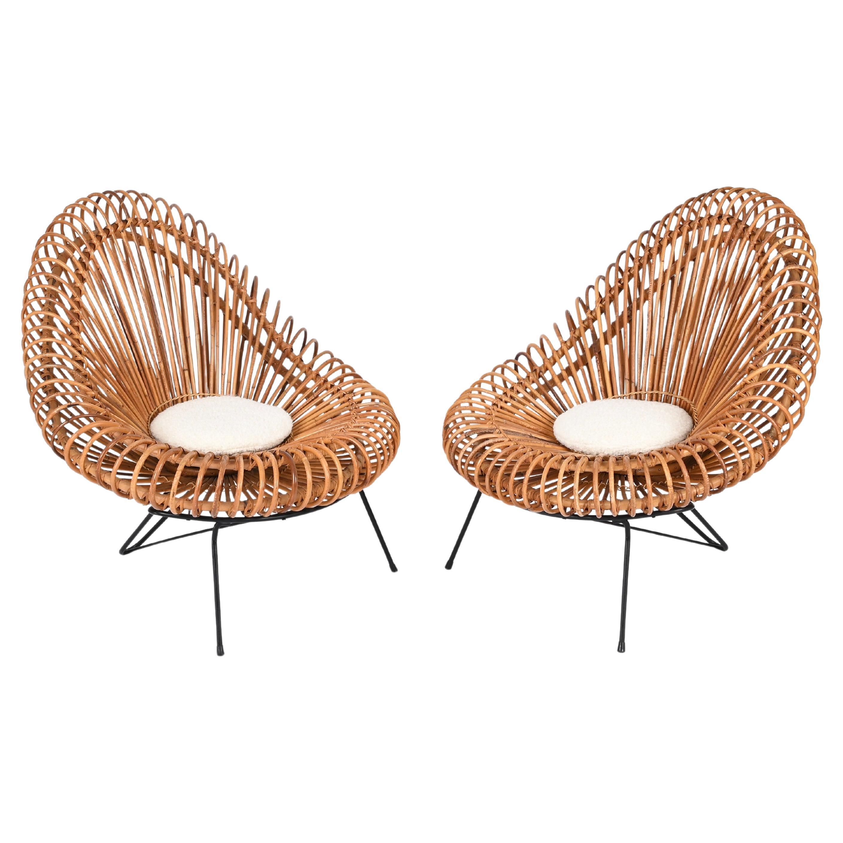 Pair of Sculptural Rattan Lounge Chairs by J. Abraham and Dirk Rol, France 1950 