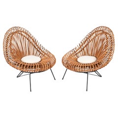 Vintage Pair of Sculptural Rattan Lounge Chairs by J. Abraham and Dirk Rol, France 1950 