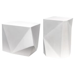 Pair of Sculptural "Ribbon & Gueridon" Side Tables, Plaster White, Benediko