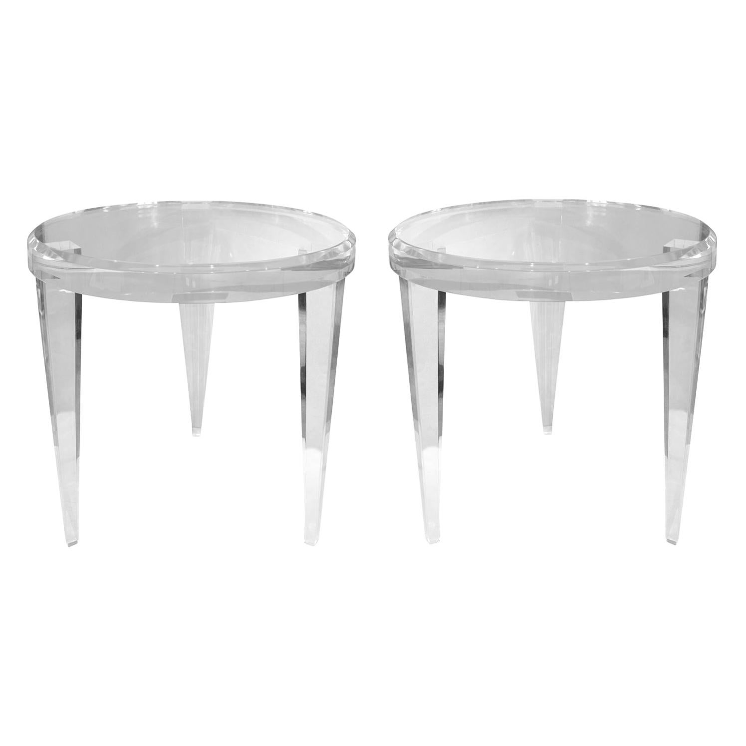 Pair of Sculptural Round End Tables in Solid Lucite, 1990s