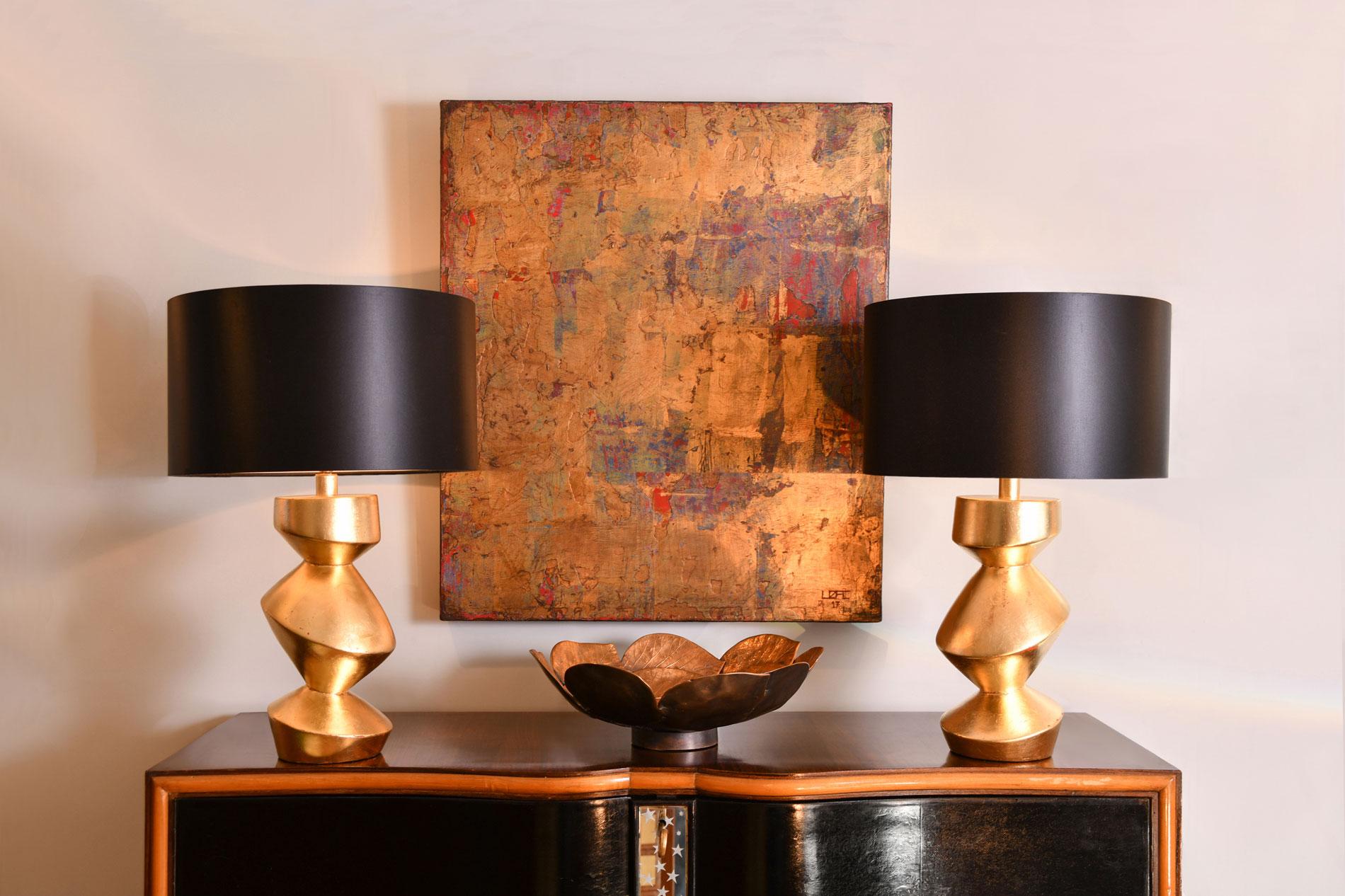 Gold Leaf Pair of Sculptural 'Savoy' Gold Gilt Table Lamps For Sale