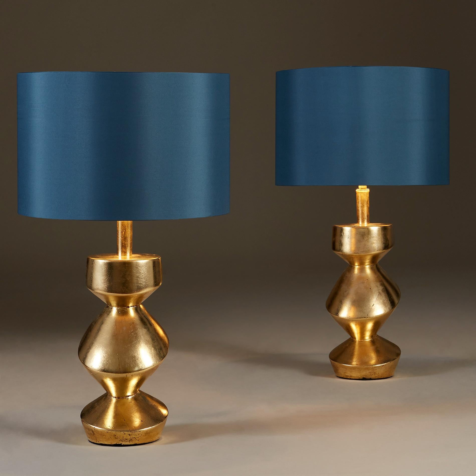Art Deco Pair of Sculptural 'Savoy' Gold Leaf Table Lamps For Sale