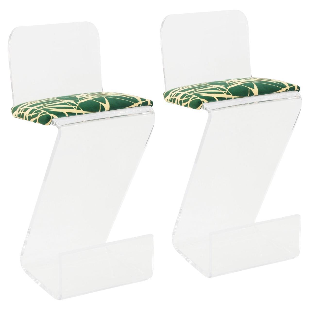 Pair of Sculptural Solid Lucite Bar Stools with Upholstered Seats 1970s