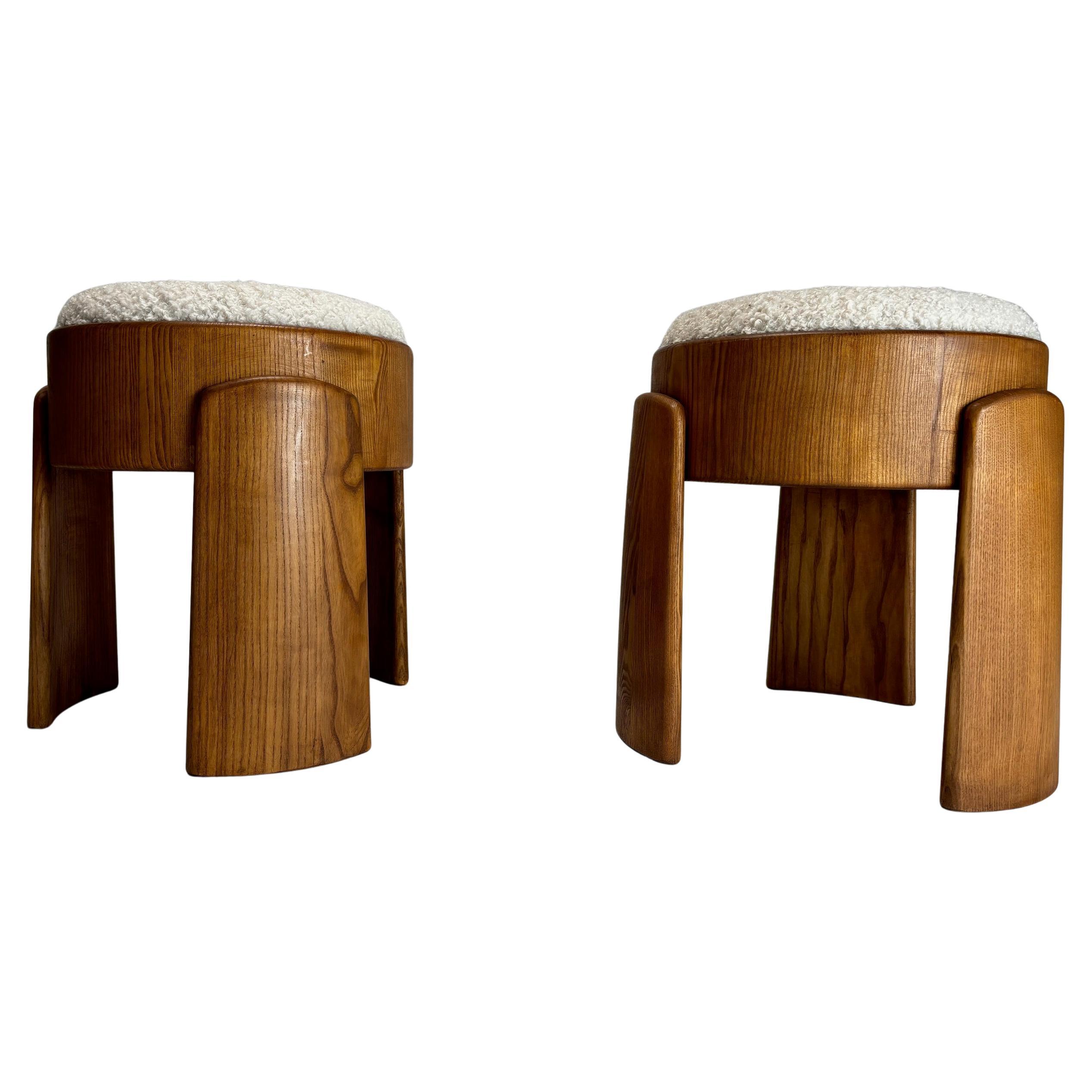 Pair of Sculptural Solid Wood Stools in Ash and Bouclé Fabric, Italy