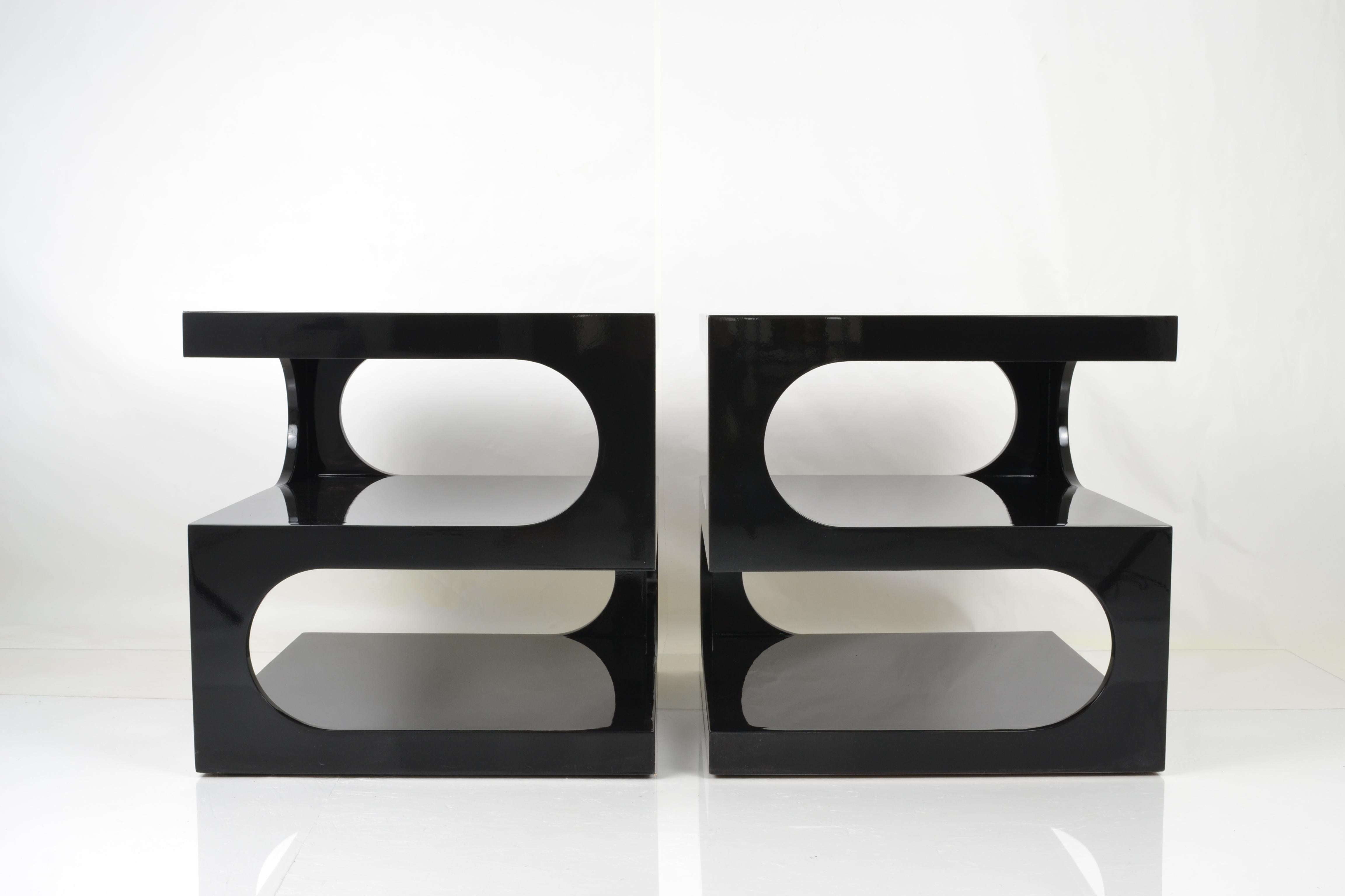 Love this pair! Very dramatic and also very useful. Newly lacquered in high gloss black. Piano finish.