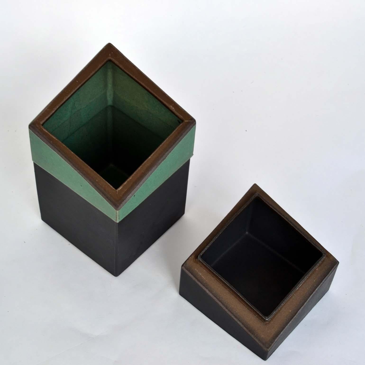 European Pair of Square Studio Pottery Boxes in Sage Green and Black  For Sale