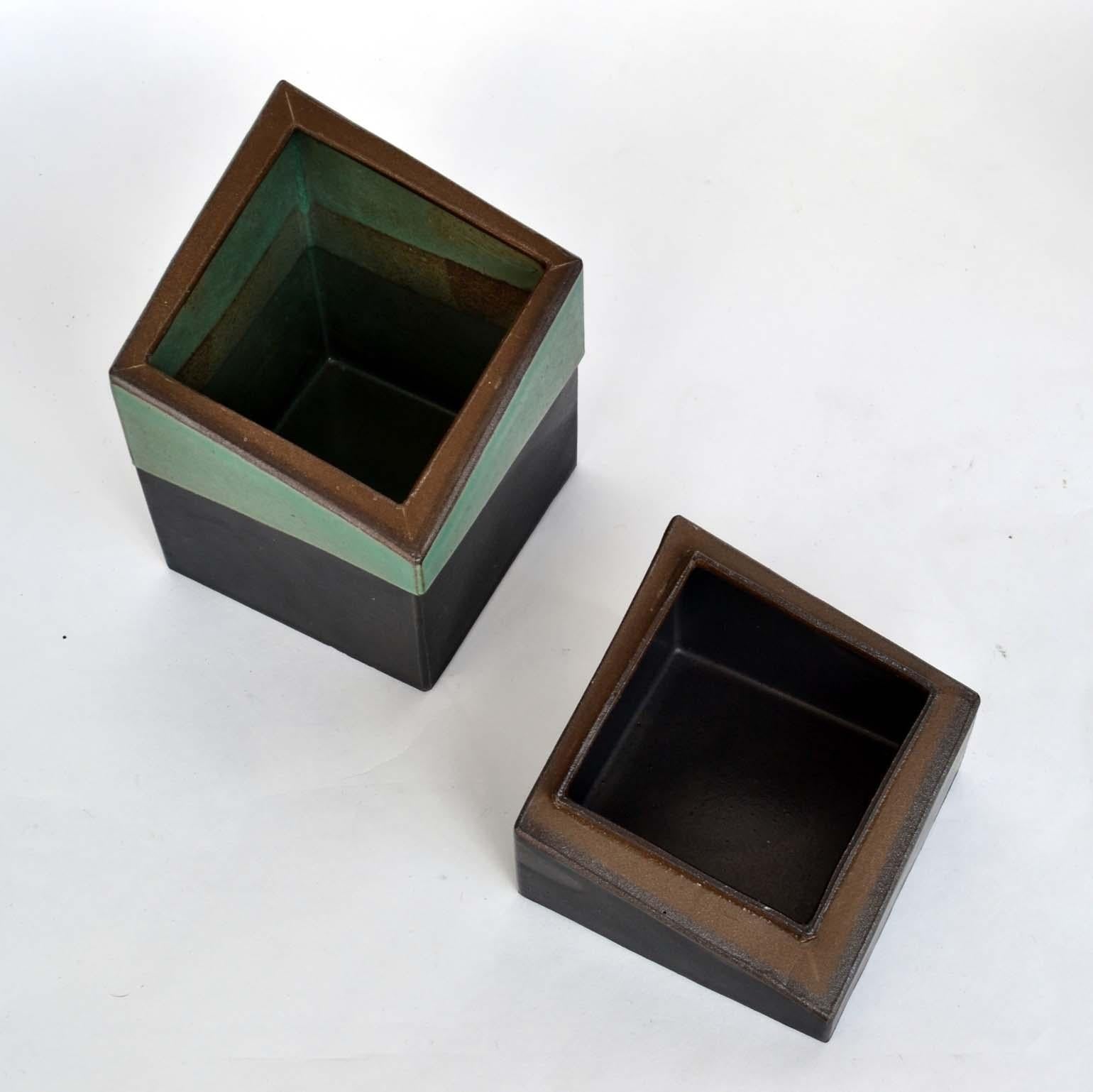 Hand-Crafted Pair of Square Studio Pottery Boxes in Sage Green and Black  For Sale