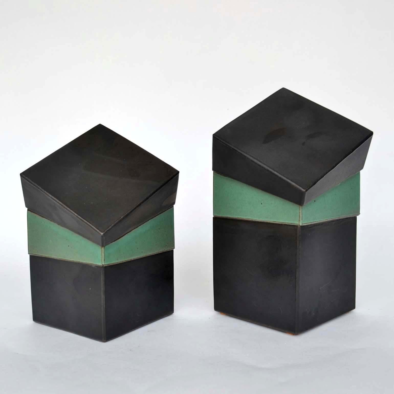 Pair of Square Studio Pottery Boxes in Sage Green and Black  In Excellent Condition For Sale In London, GB
