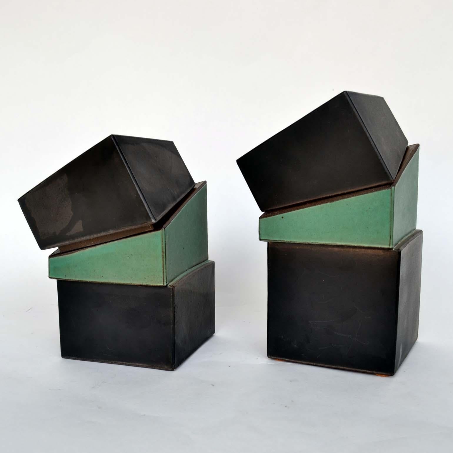 Late 20th Century Pair of Square Studio Pottery Boxes in Sage Green and Black  For Sale