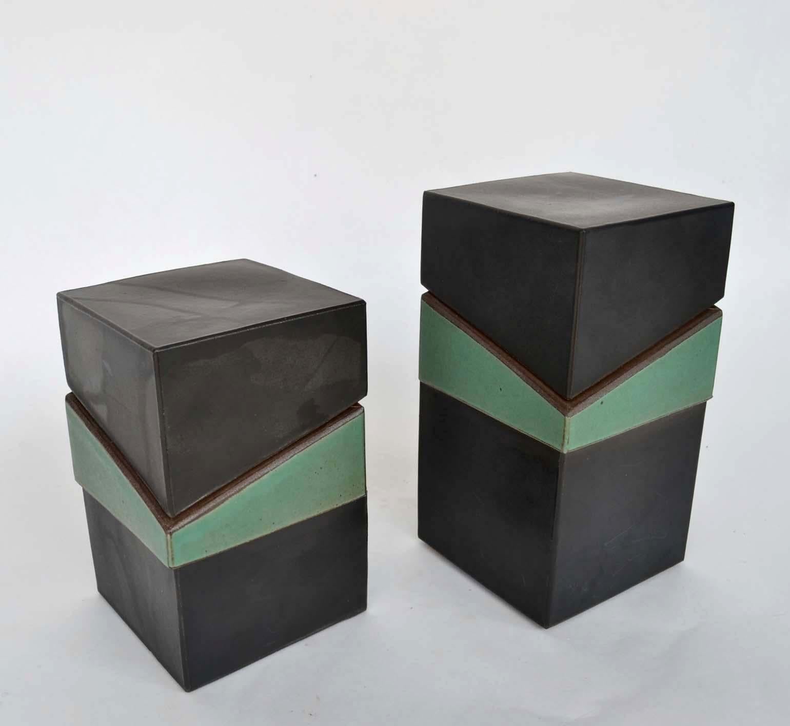 Ceramic Pair of Square Studio Pottery Boxes in Sage Green and Black  For Sale