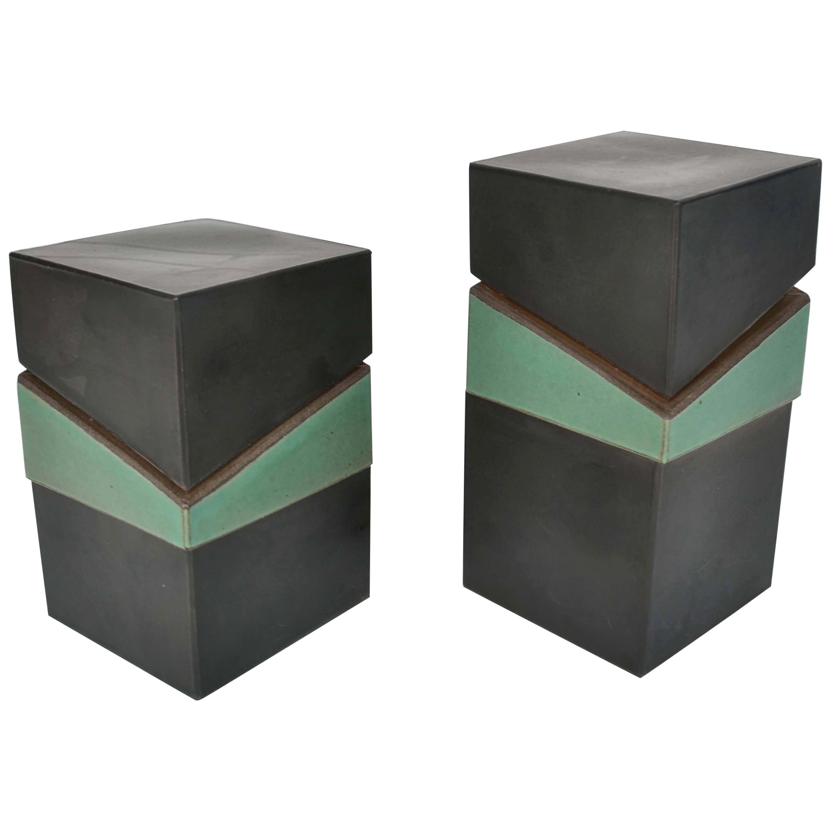 Pair of Square Studio Pottery Boxes in Sage Green and Black  For Sale