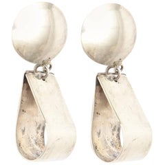 Pair of Sculptural Sterling Silver Drop / Dangle Clip On Earrings