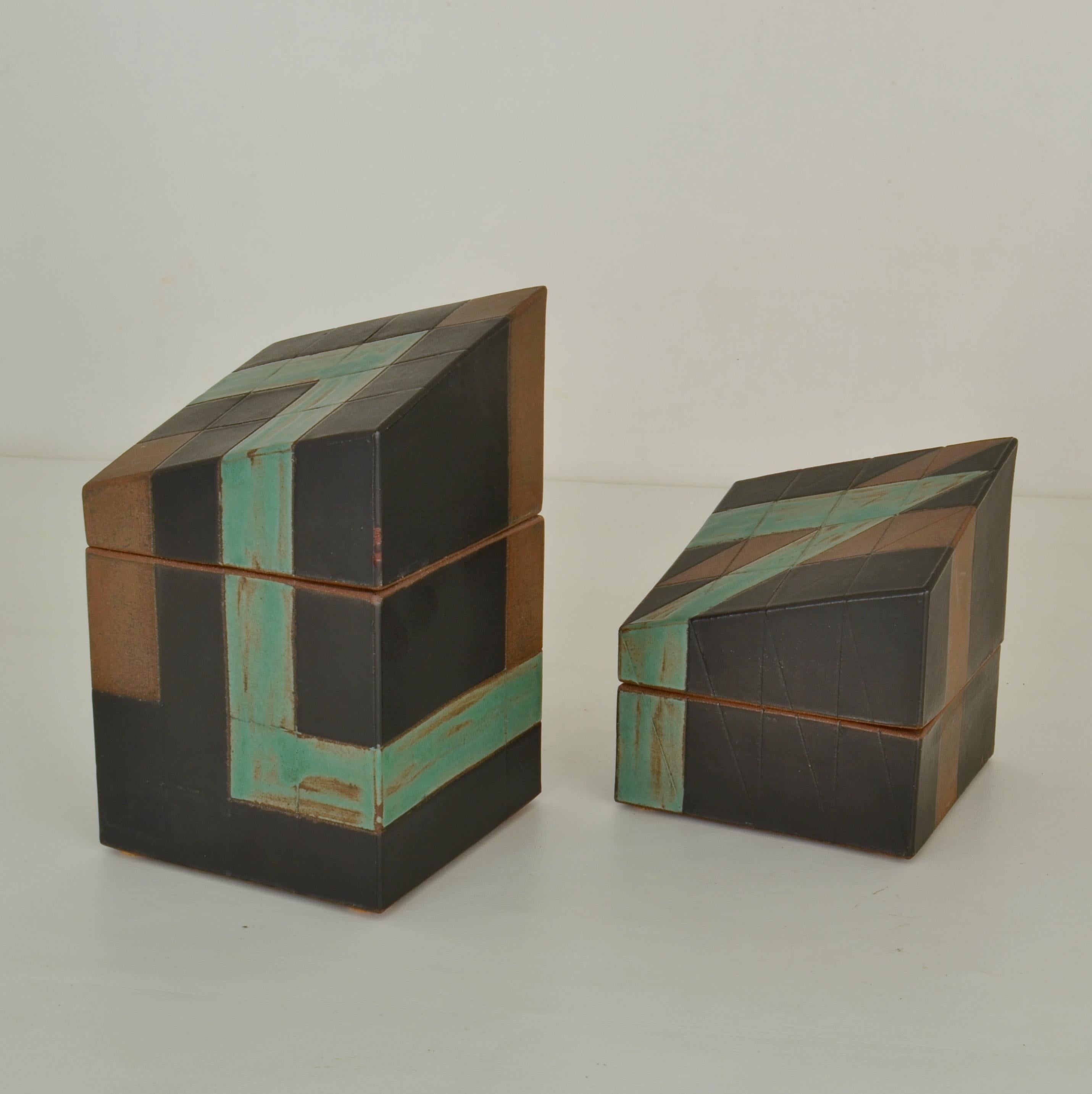 German Pair of Sculptural Studio Pottery Boxes in Sage Green and Black For Sale