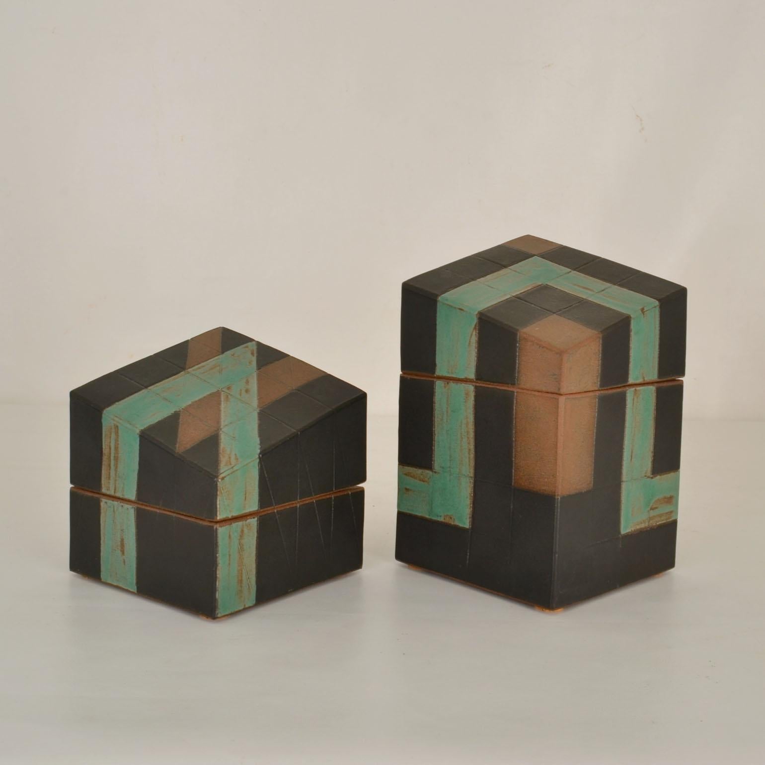 Late 20th Century Pair of Sculptural Studio Pottery Boxes in Sage Green and Black For Sale