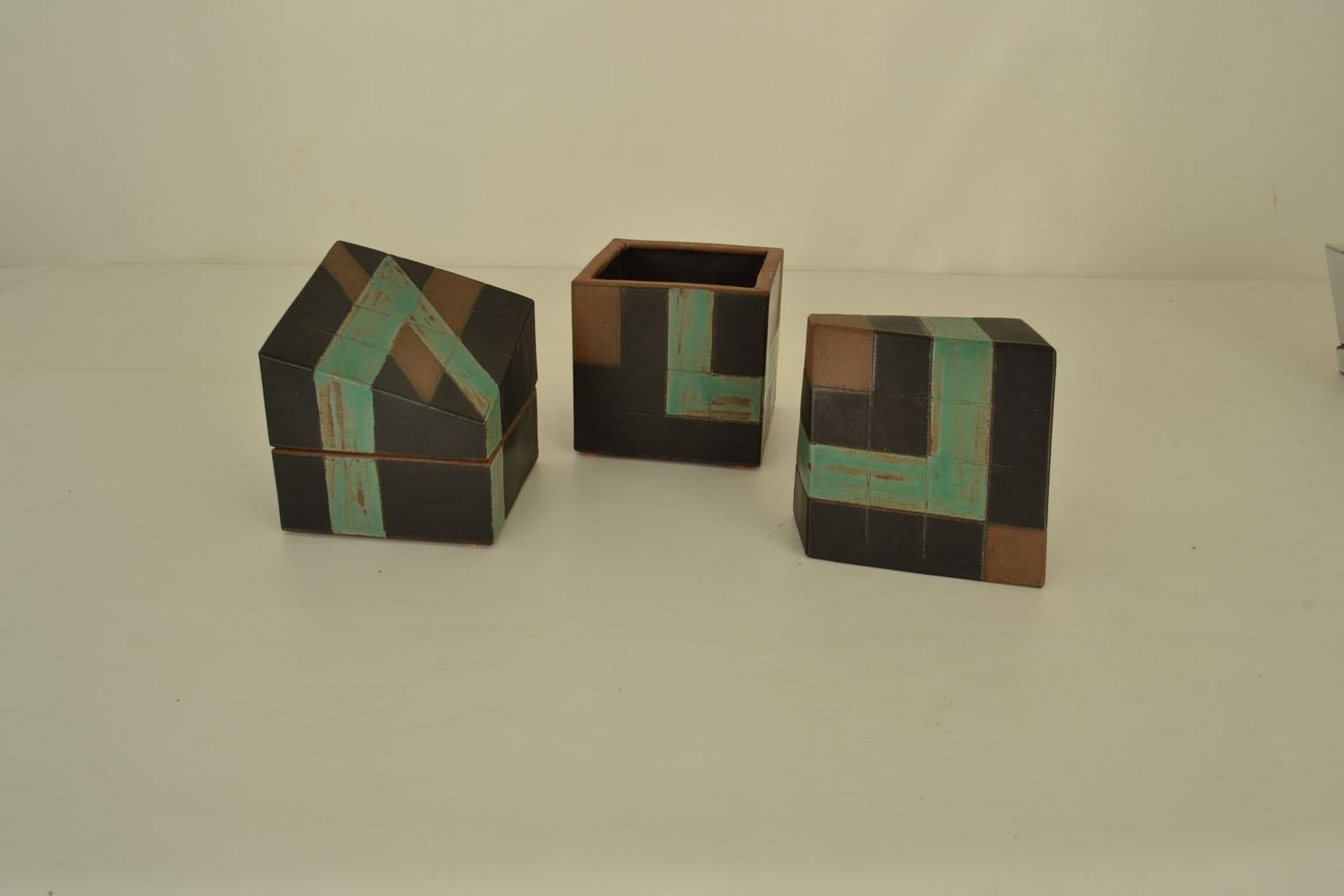 Pair of Sculptural Studio Pottery Boxes in Sage Green and Black For Sale 1