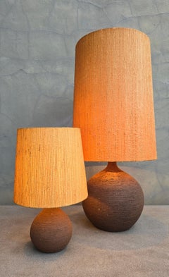 Pair of Sculptural Studio Pottery Table Lamps, 1970s, Ceramic with Straw Shades
