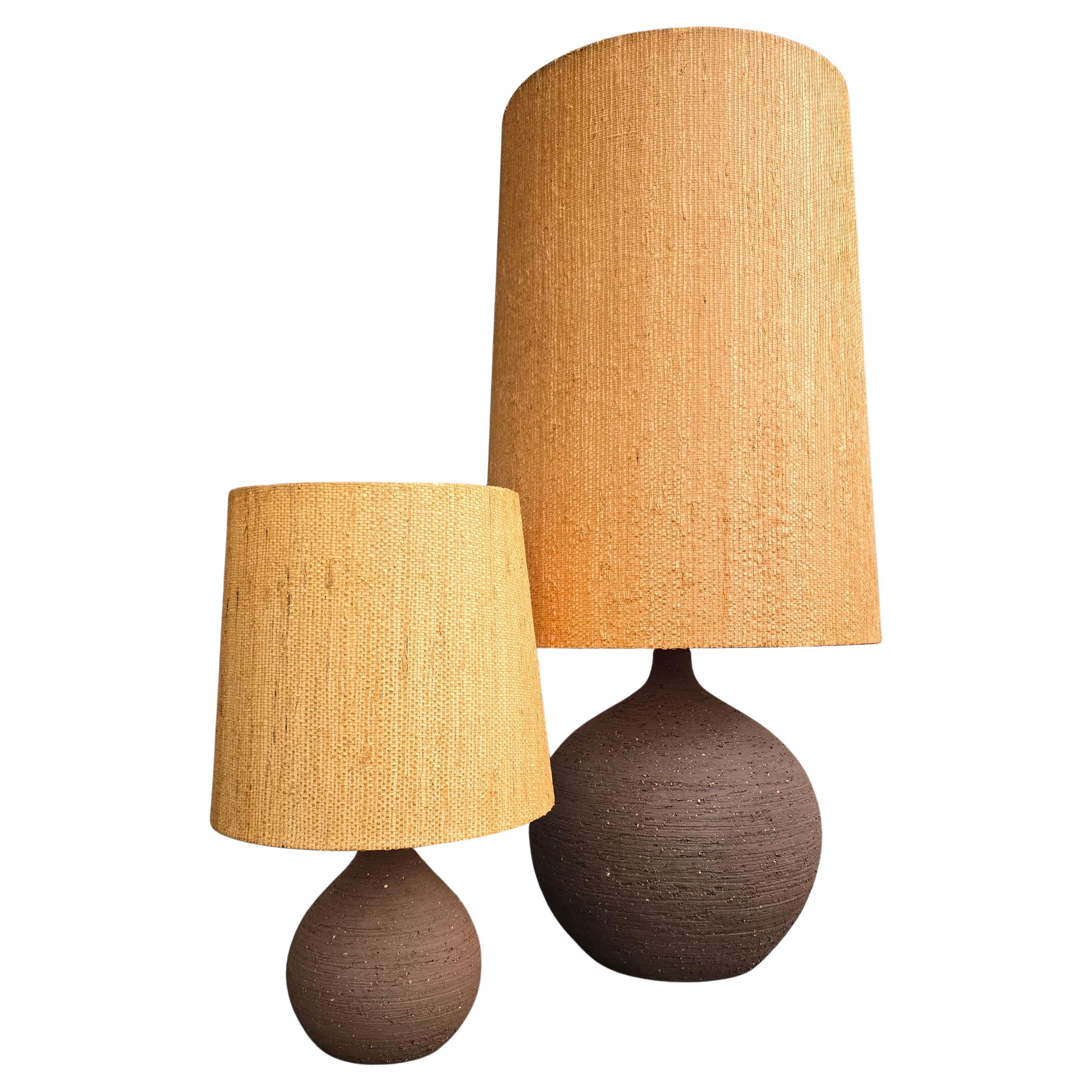 Pair of Sculptural Studio Pottery Table Lamps, 1970s, Ceramic with Straw Shades