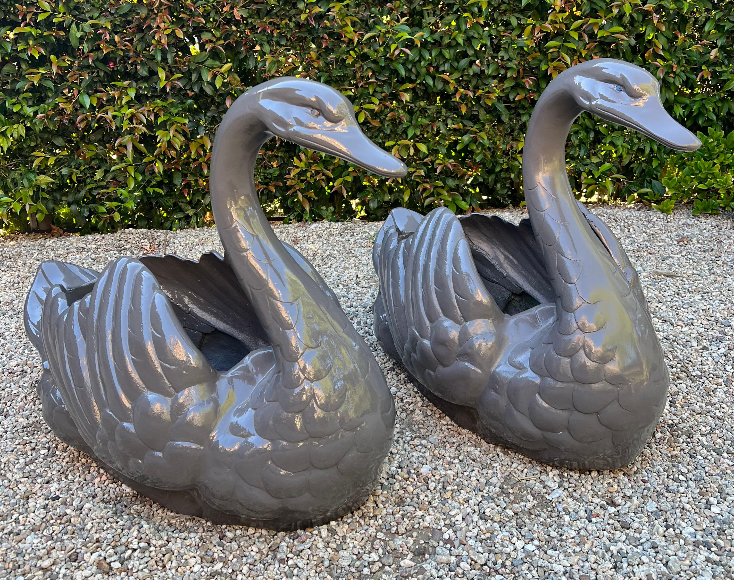 Pair of Sculptural Swan Metal Garden Planters For Sale 3