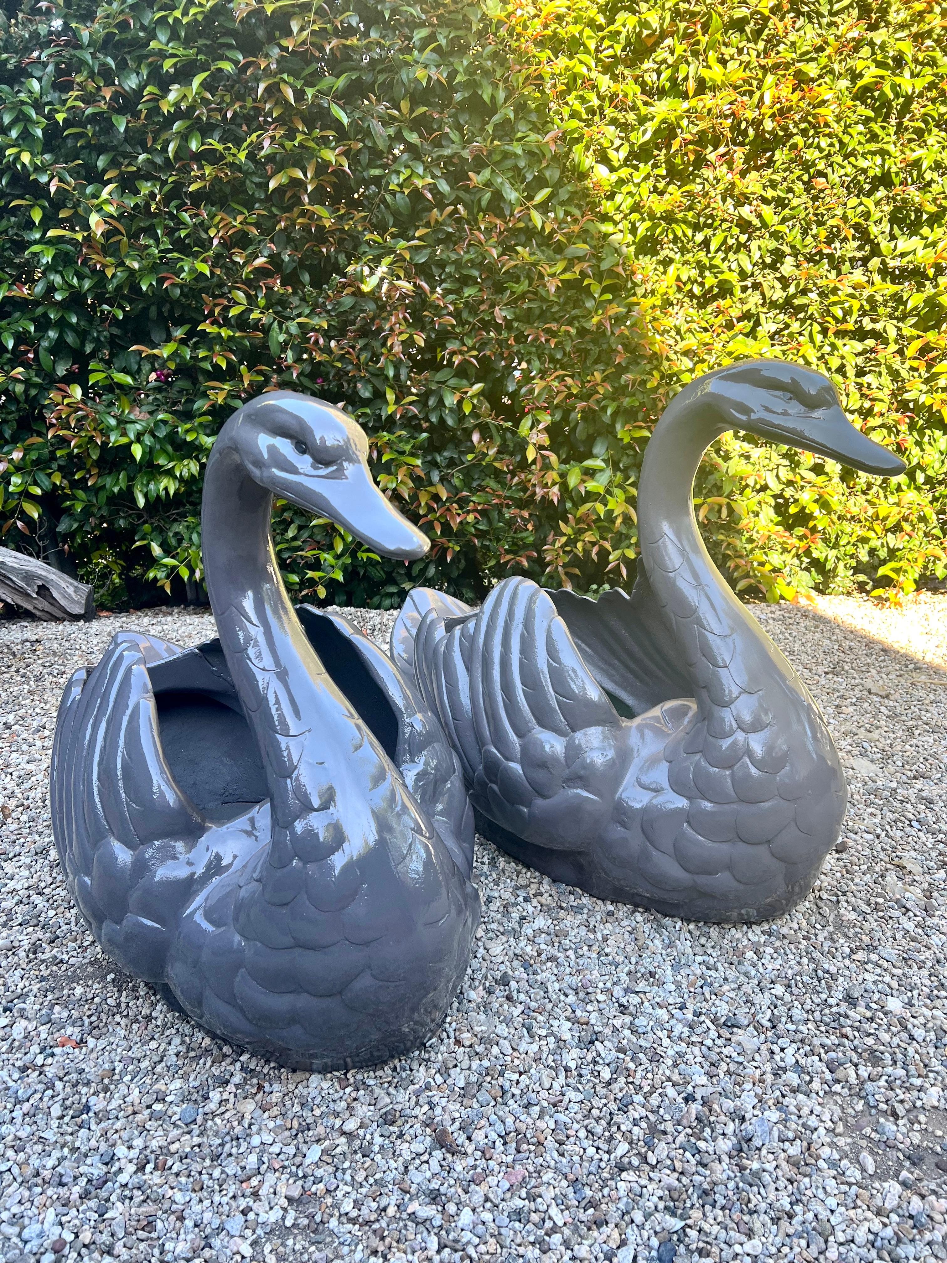 Powder-Coated Pair of Sculptural Swan Metal Garden Planters For Sale