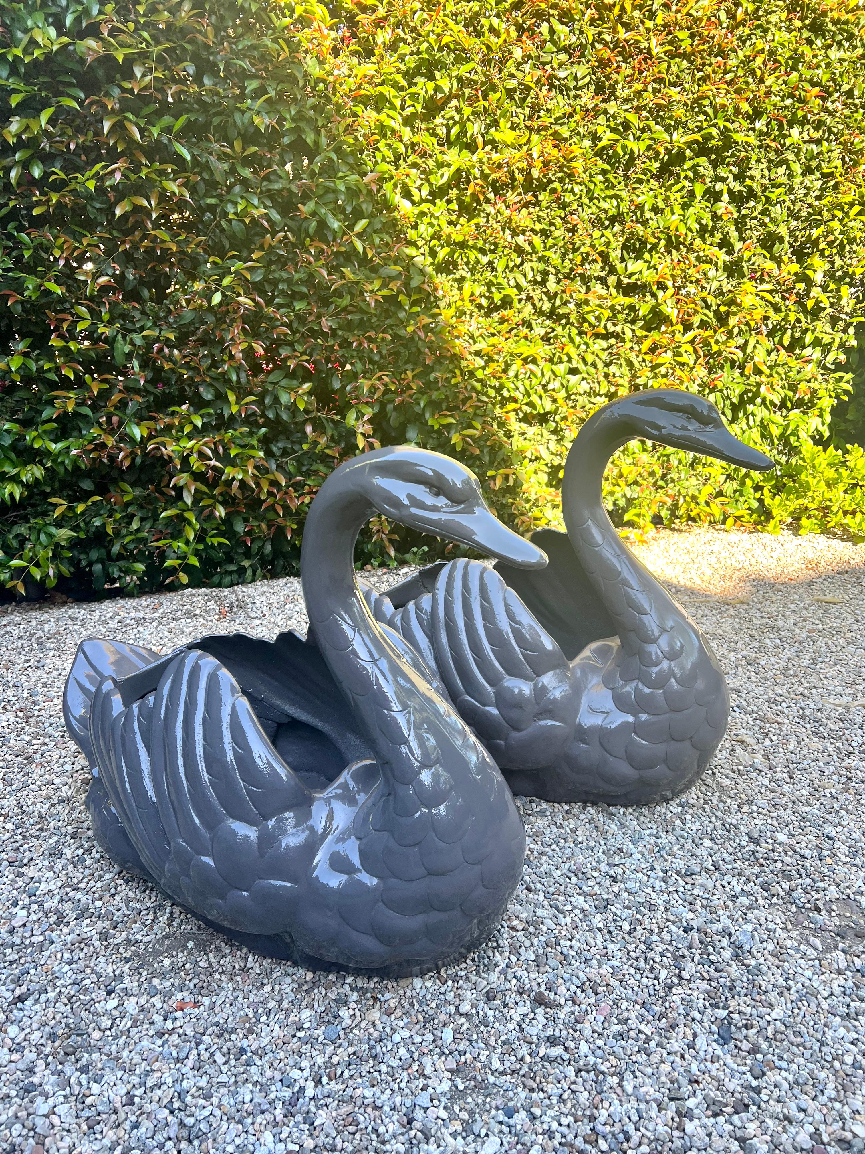 Pair of Sculptural Swan Metal Garden Planters In Good Condition For Sale In Los Angeles, CA