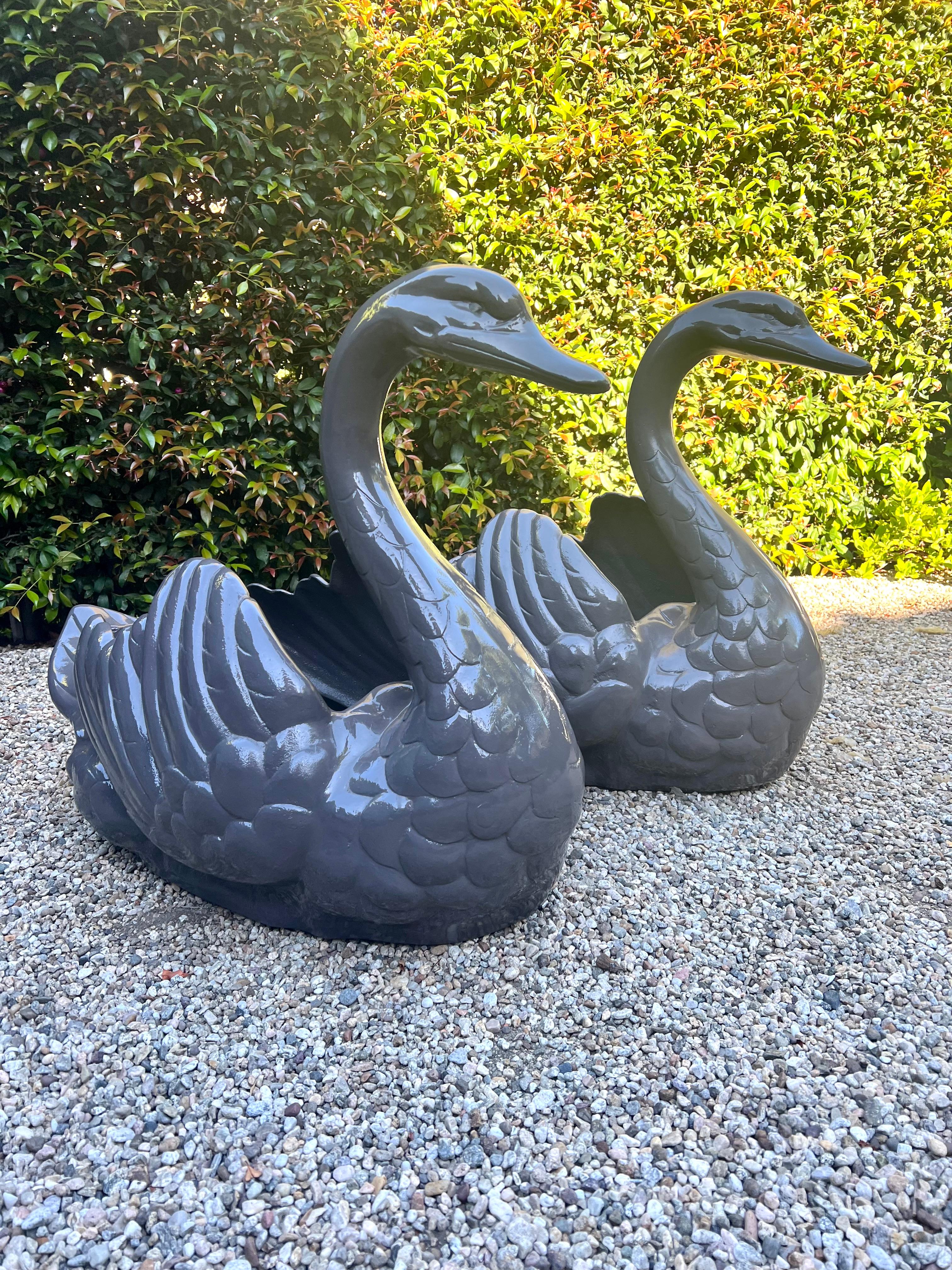 20th Century Pair of Sculptural Swan Metal Garden Planters For Sale