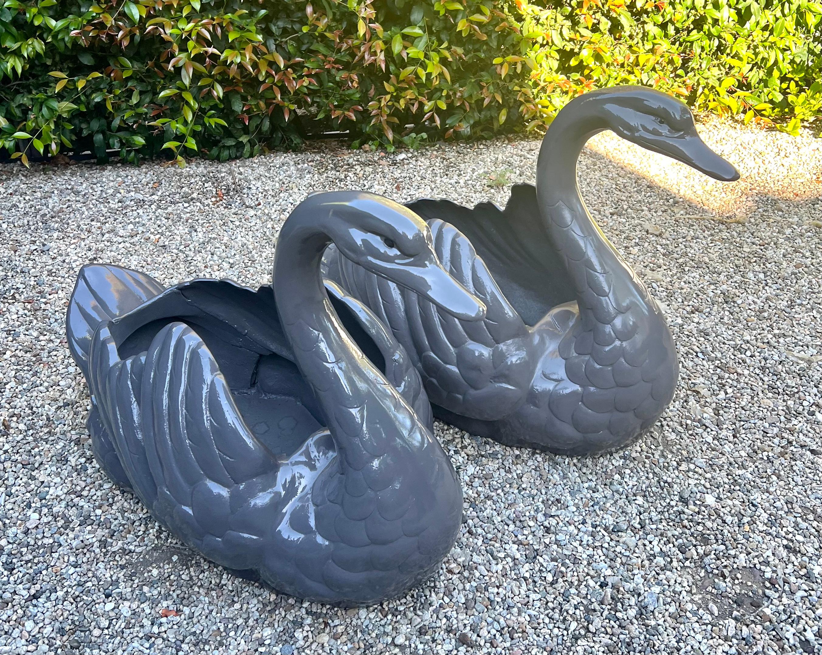 Pair of Sculptural Swan Metal Garden Planters For Sale 1