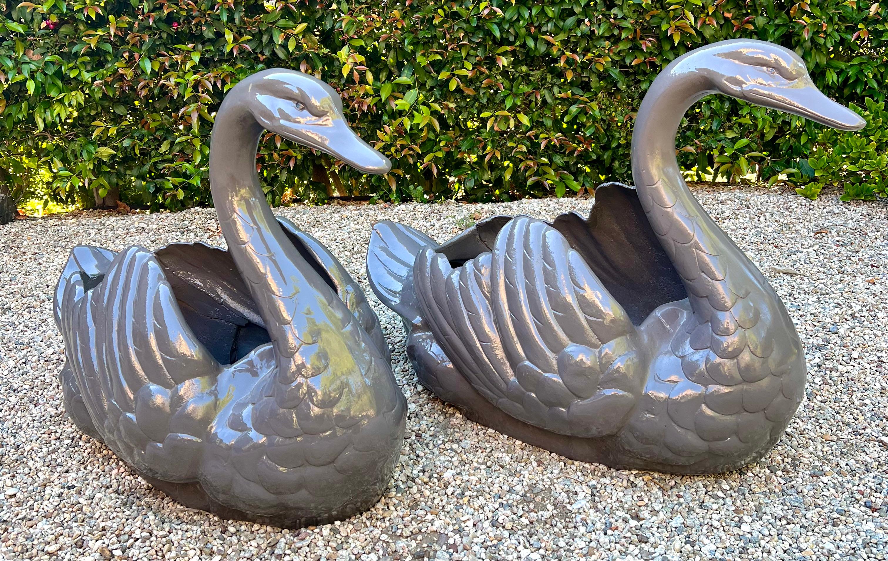 Pair of Sculptural Swan Metal Garden Planters For Sale 2