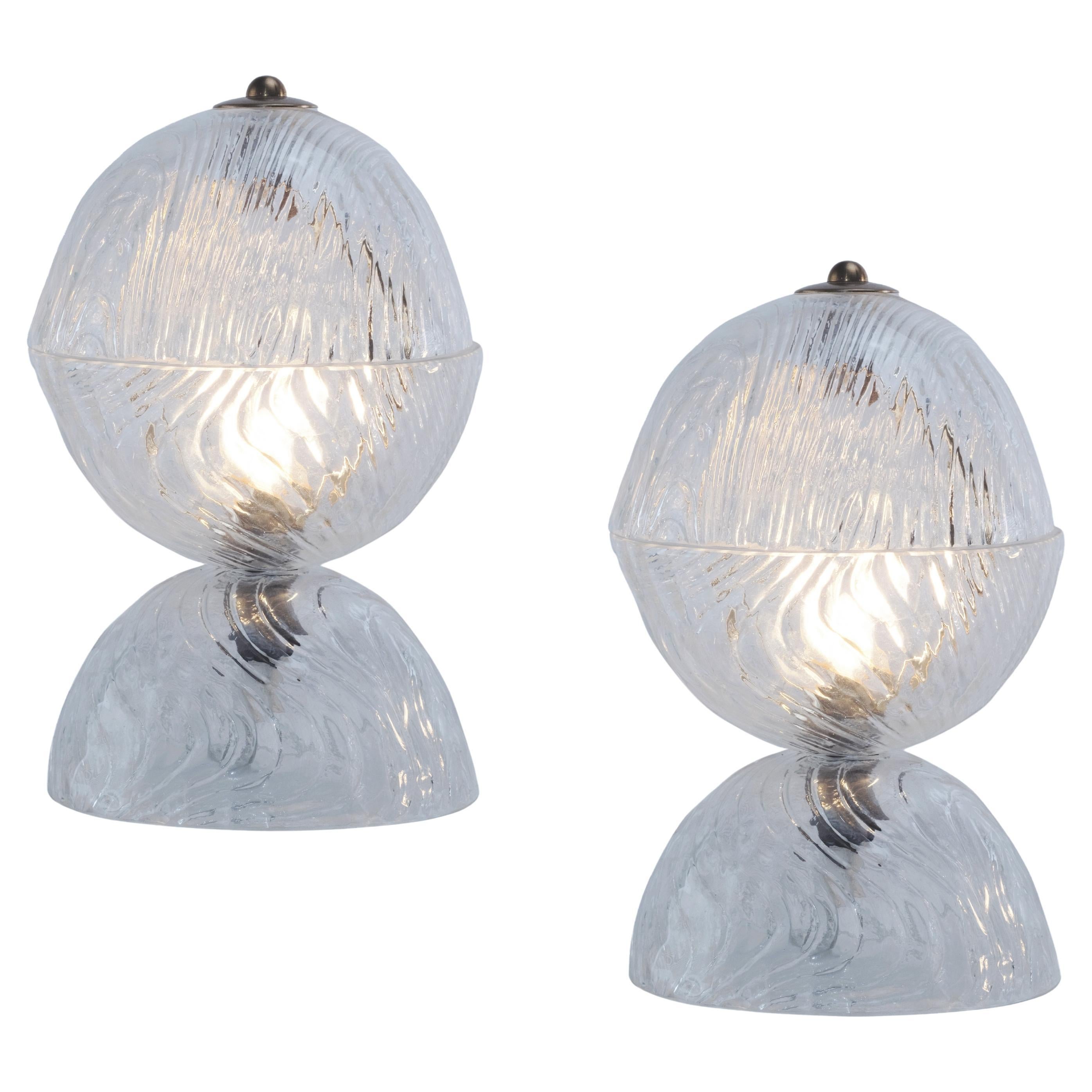 Pair of Sculptural Swirled Clear Murano Glass Table Lamps, Italy, 1970s