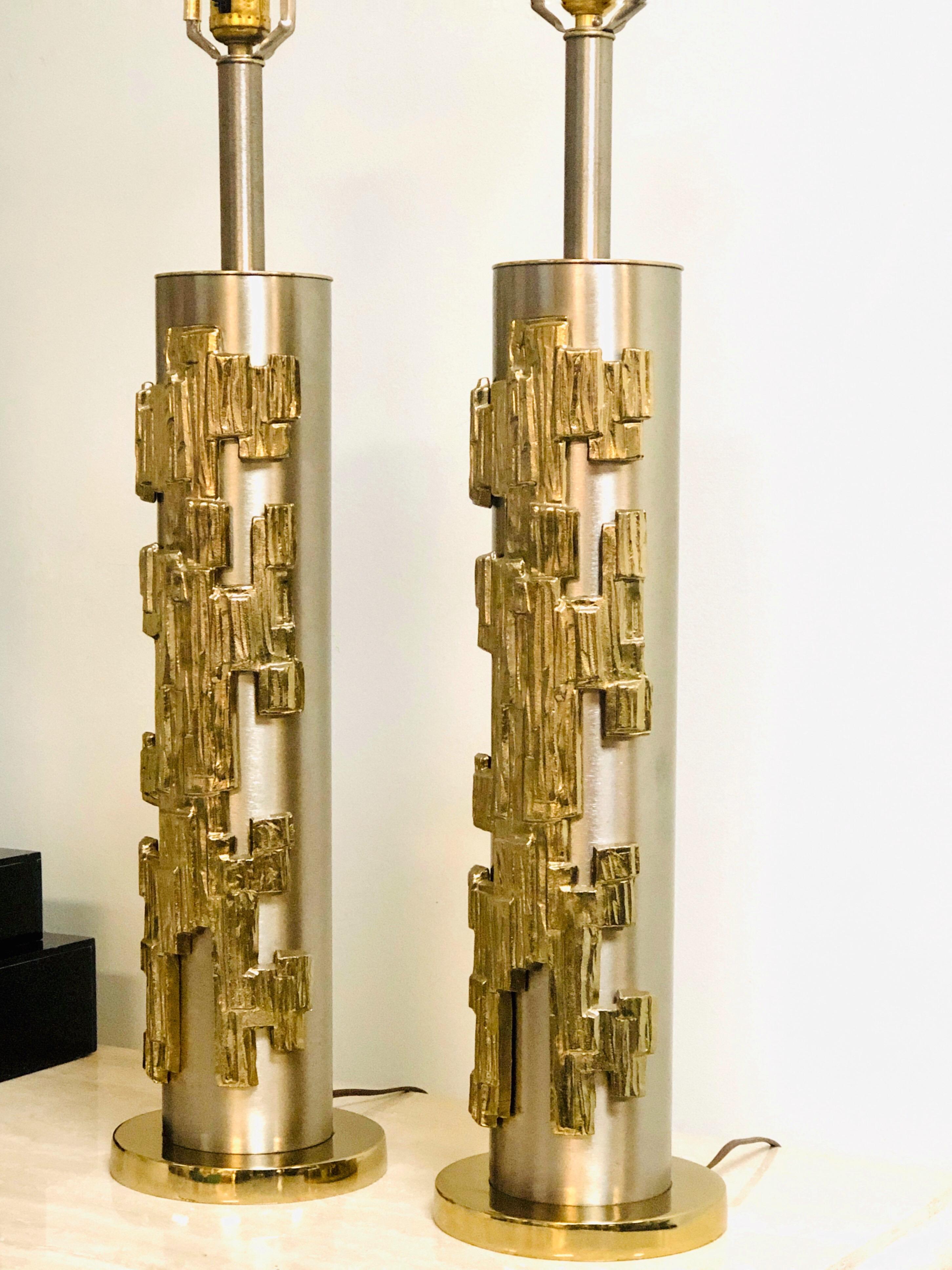 American Pair of Sculptural Table Lamps Brushed Nickel and Brass by Laurel