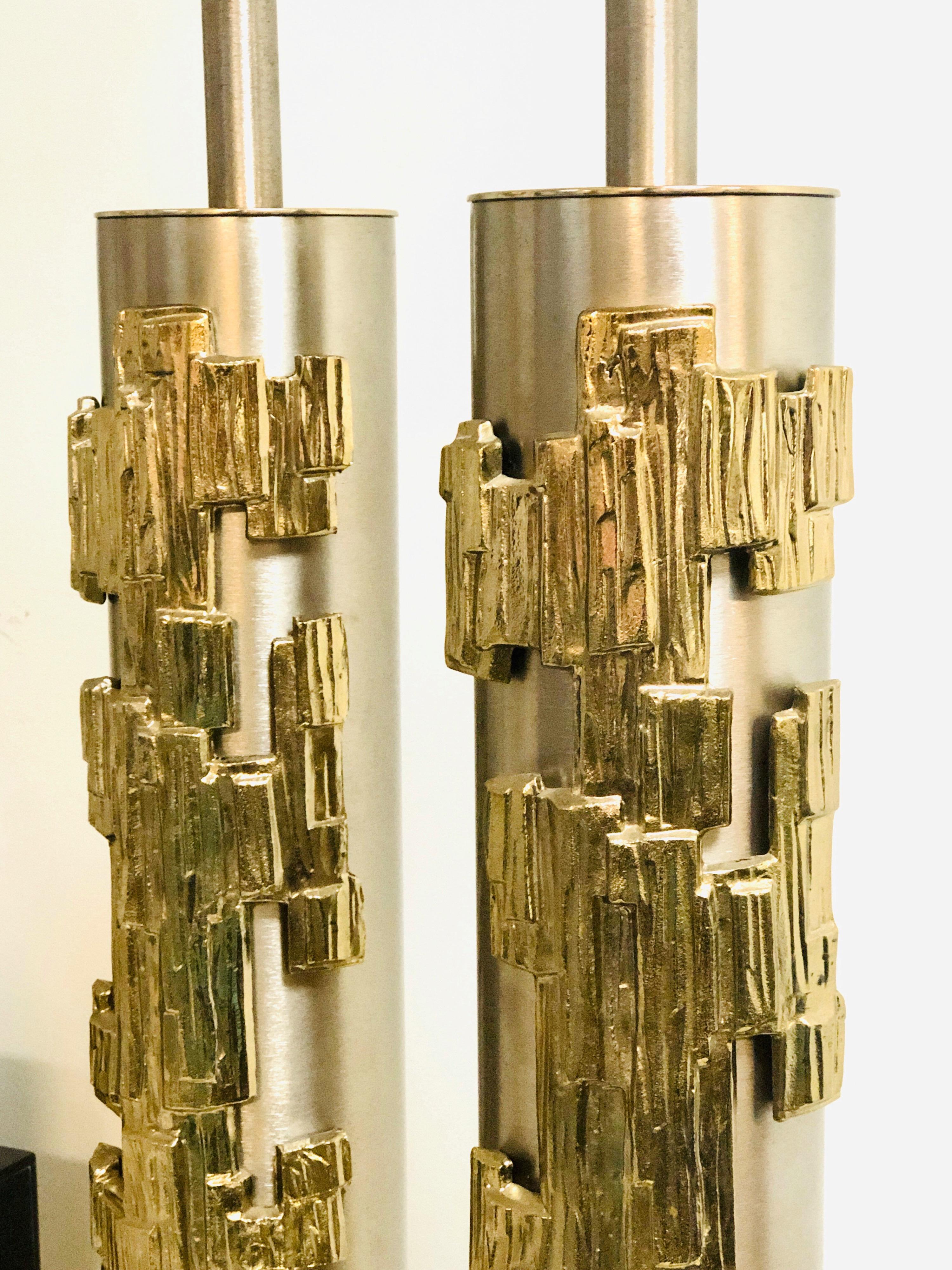 Mid-20th Century Pair of Sculptural Table Lamps Brushed Nickel and Brass by Laurel