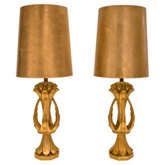 Pair of Sculptural Table Lamps in Gilded Plaster with Gold Leaf Shades 1971