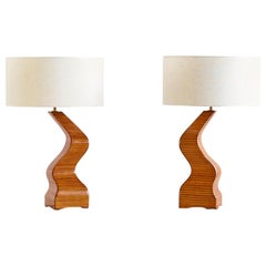 Pair of Sculptural Table Lamps in Lamellar Wood, France, 1970s