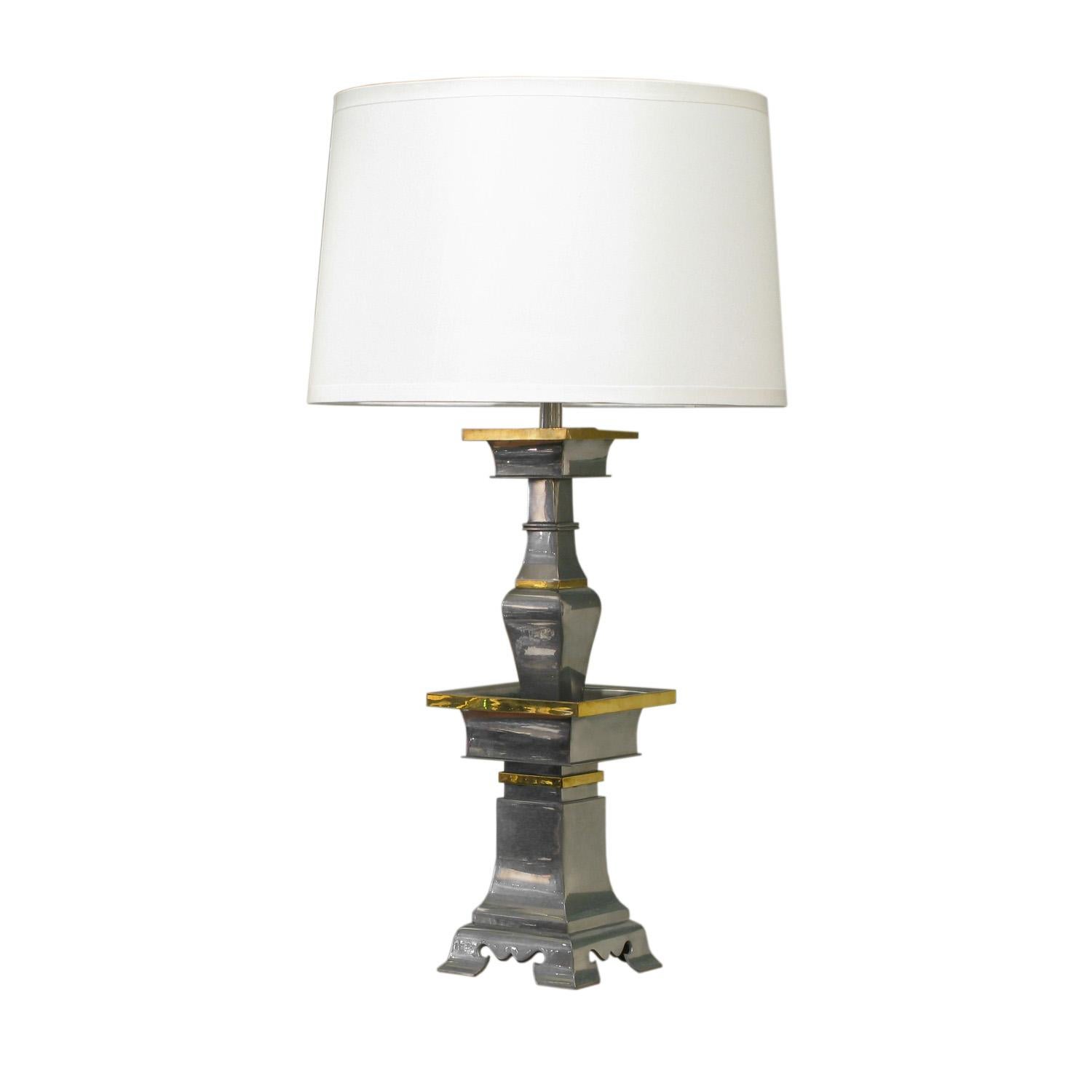 Pair of sculptural table lamps in pewter with brass accents by Marbro Lighting, American, 1960s. These lamps are beautifully made. Height is adjustable.