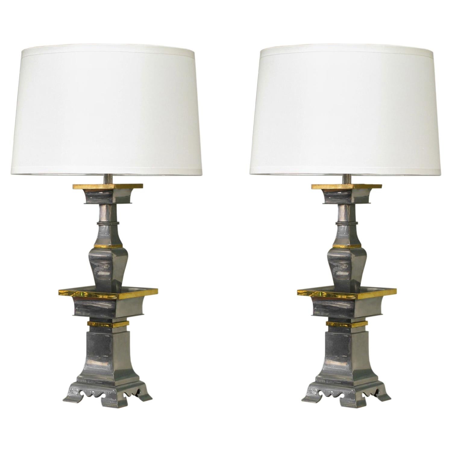 Pair of Sculptural Table Lamps in Pewter and Brass, 1960s