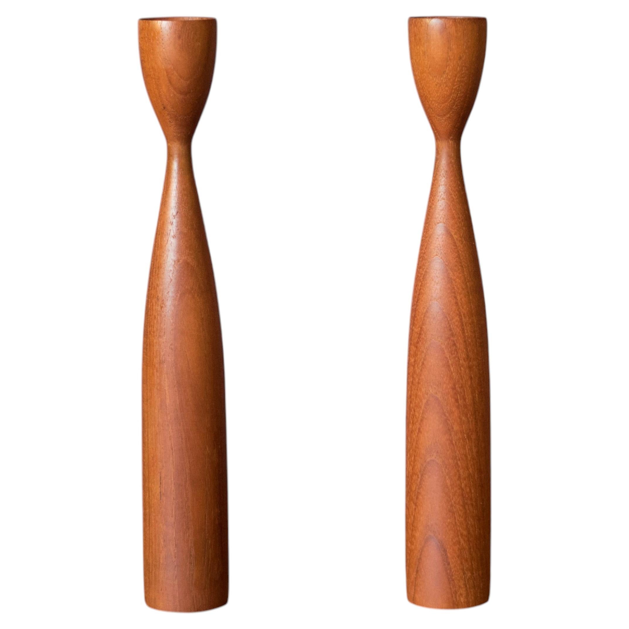 Pair of Sculptural Teak Danish Modern Candle Holders For Sale