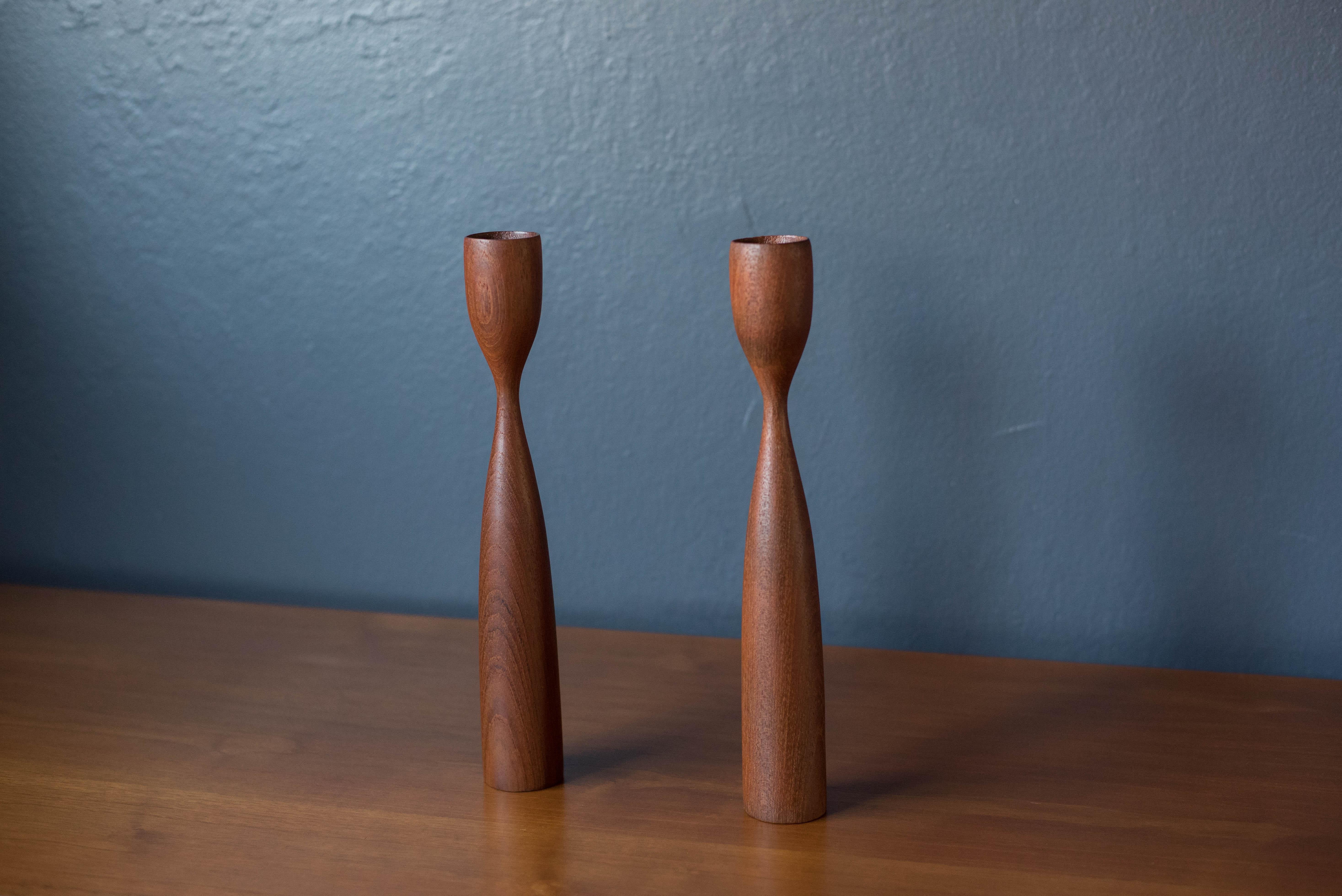 Scandinavian Modern Pair of Sculptural Teak Mid-Century Modern Candle Holders