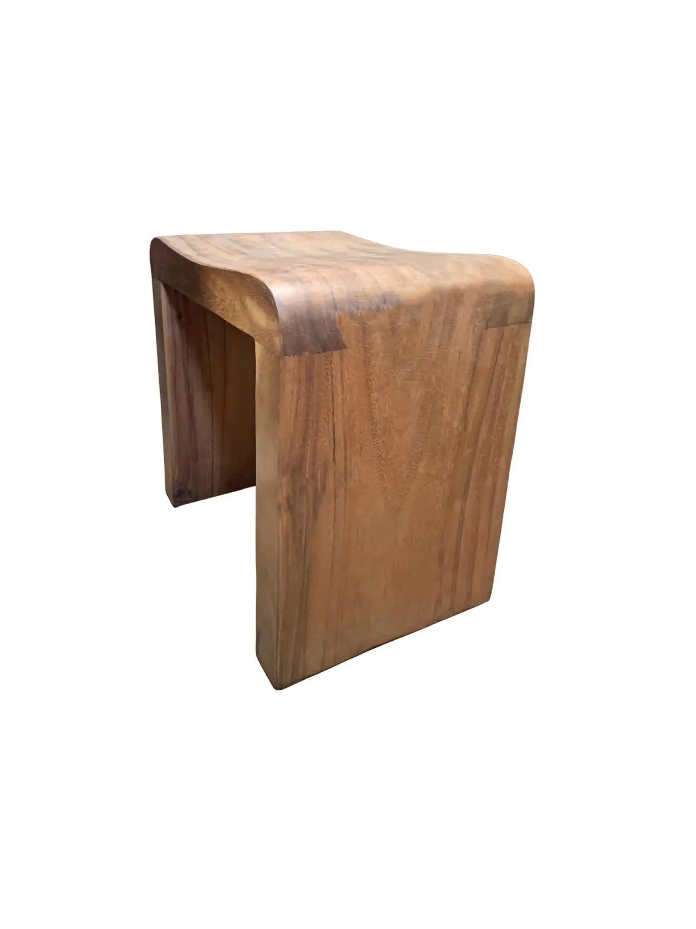 Contemporary Pair of Sculptural Teak Wood Stools, Natural Finish For Sale