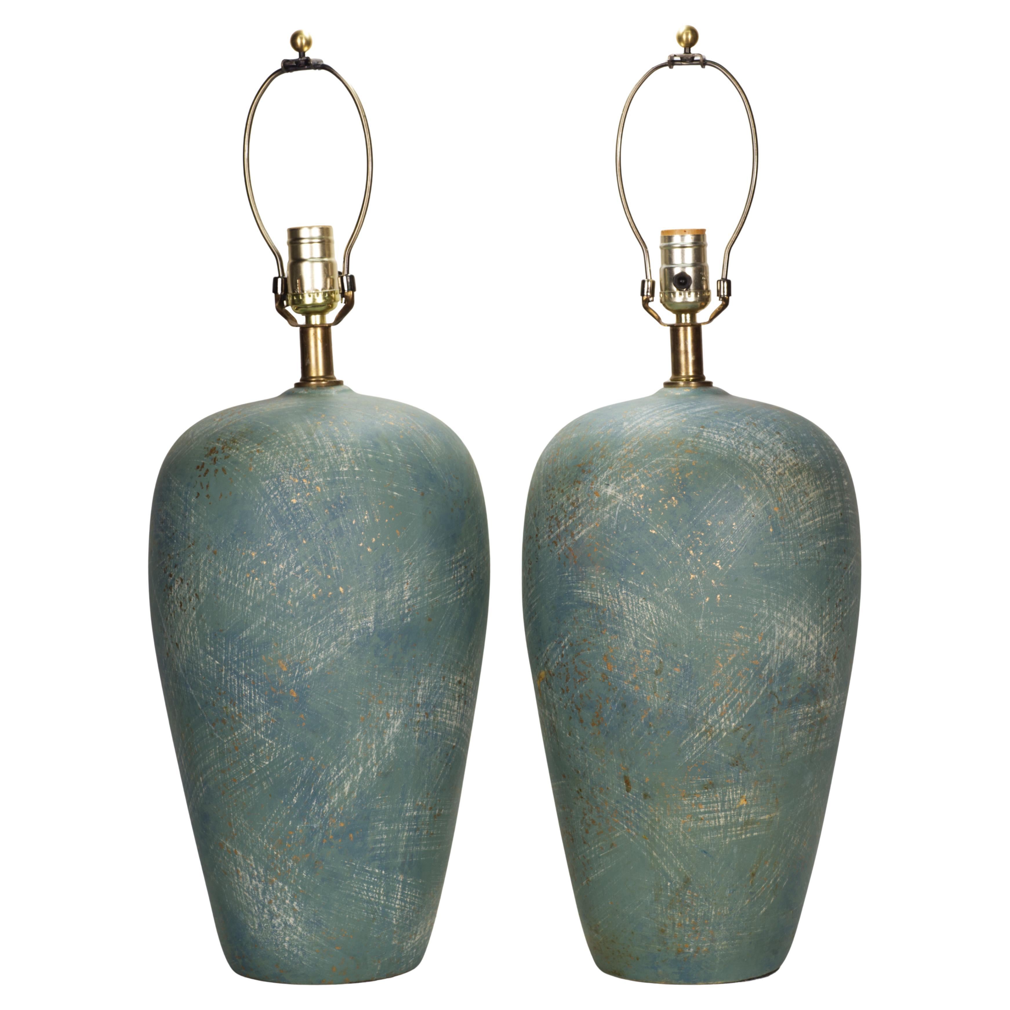 Pair of Sculptural Teal Ceramic Table Lamps, 1960s-1970s Modern