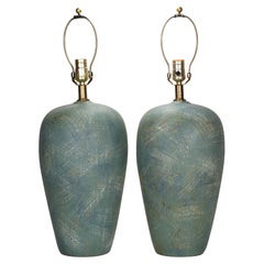 Pair of Sculptural Teal Ceramic Table Lamps, 1960s-1970s Modern