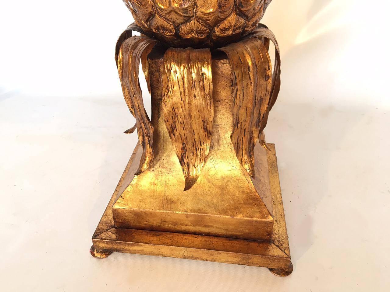 Pair of Sculptural Tole Gold Gilt Pineapple Side Tables In Good Condition In Jacksonville, FL