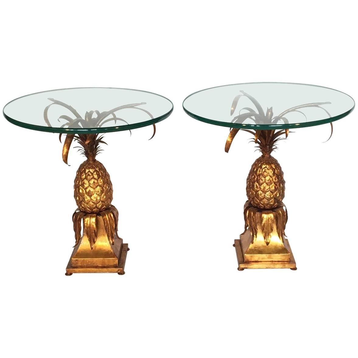 Pair of Sculptural Tole Gold Gilt Pineapple Side Tables