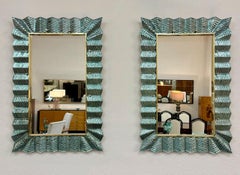 Pair of Sculptural Turquoise Murano Glass and Brass Mirrors