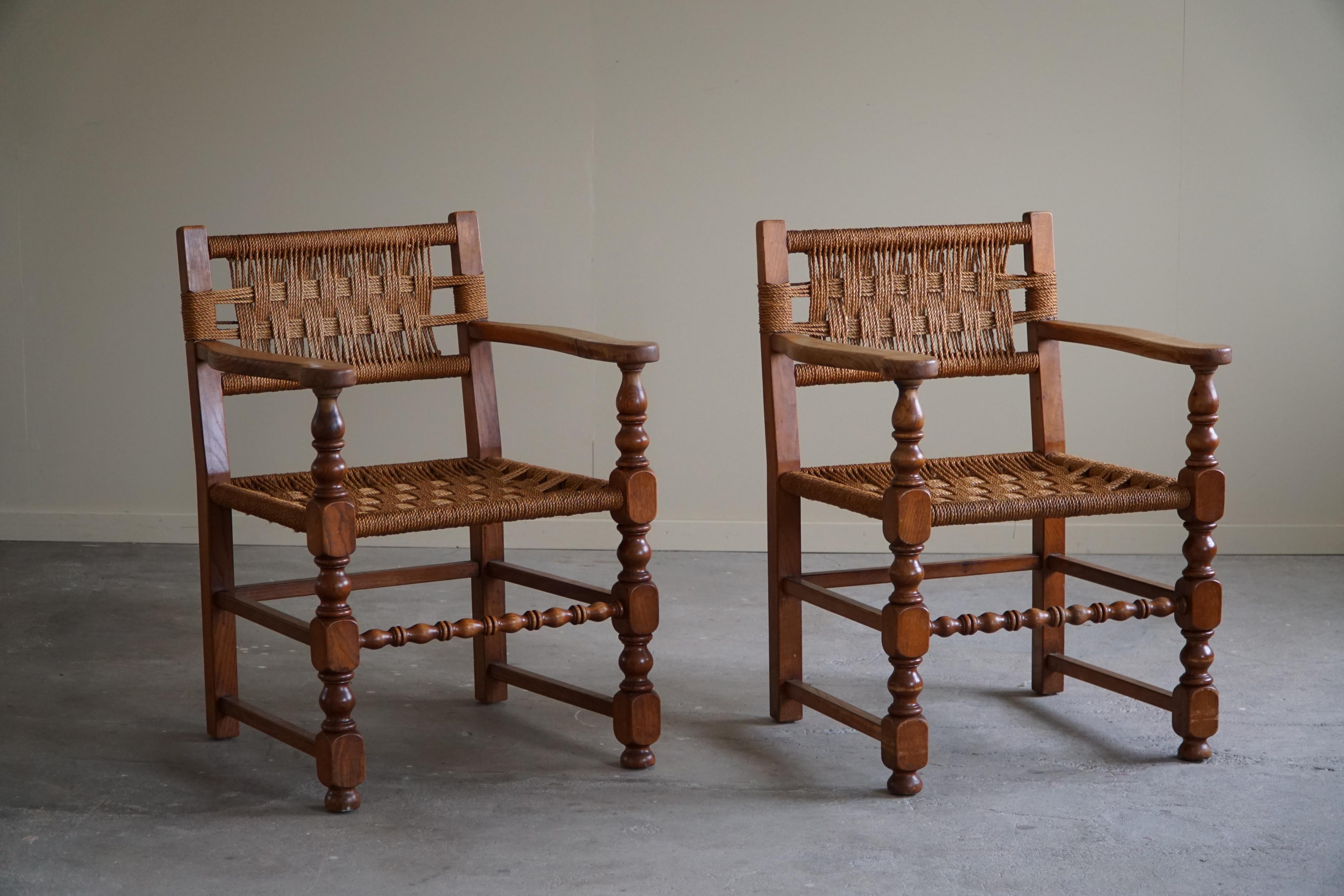 Pair of Sculptural Vintage Armchair in Oak & Papercord, Charles Dudouyt, 1940s For Sale 4