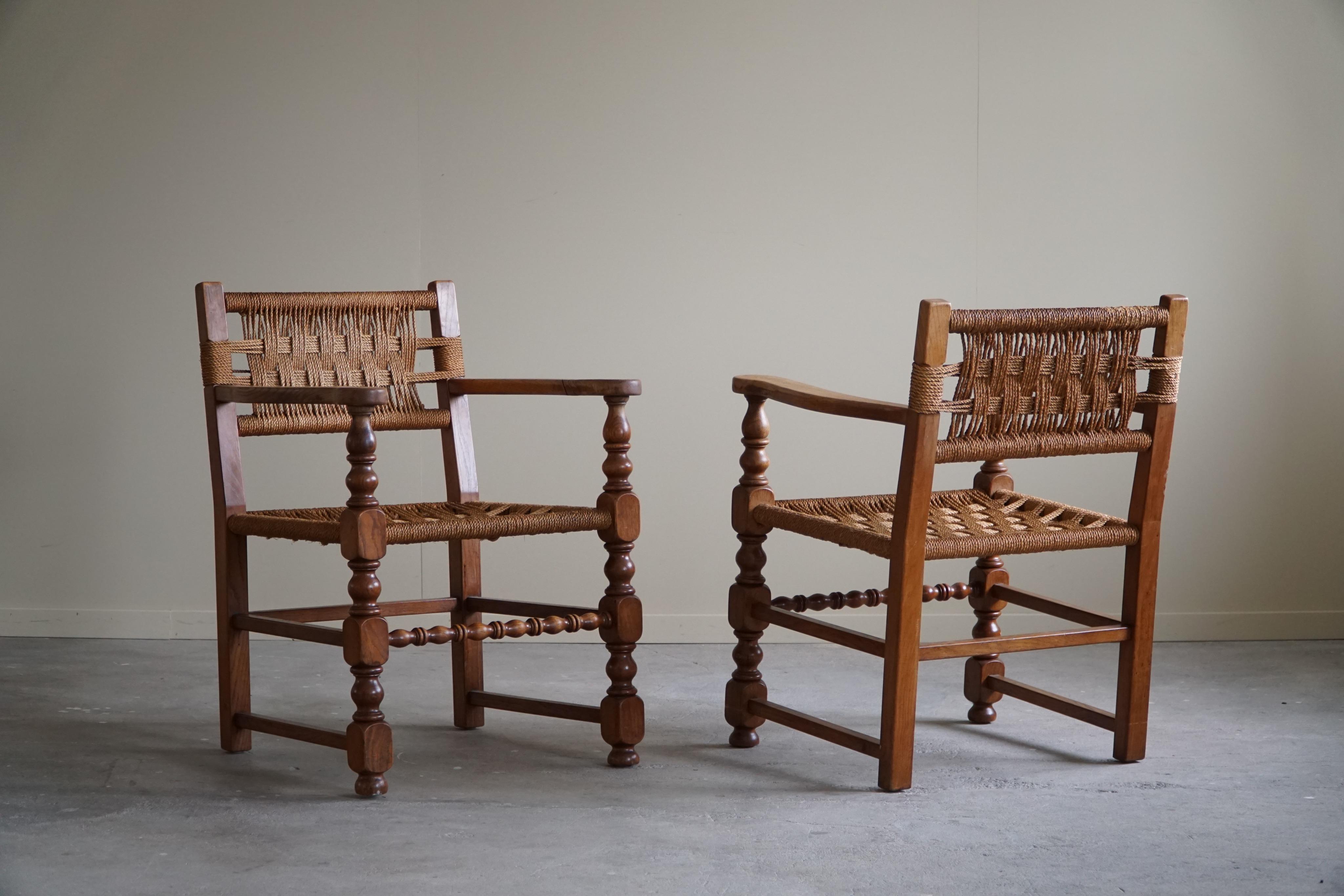 French Pair of Sculptural Vintage Armchair in Oak & Papercord, Charles Dudouyt, 1940s For Sale