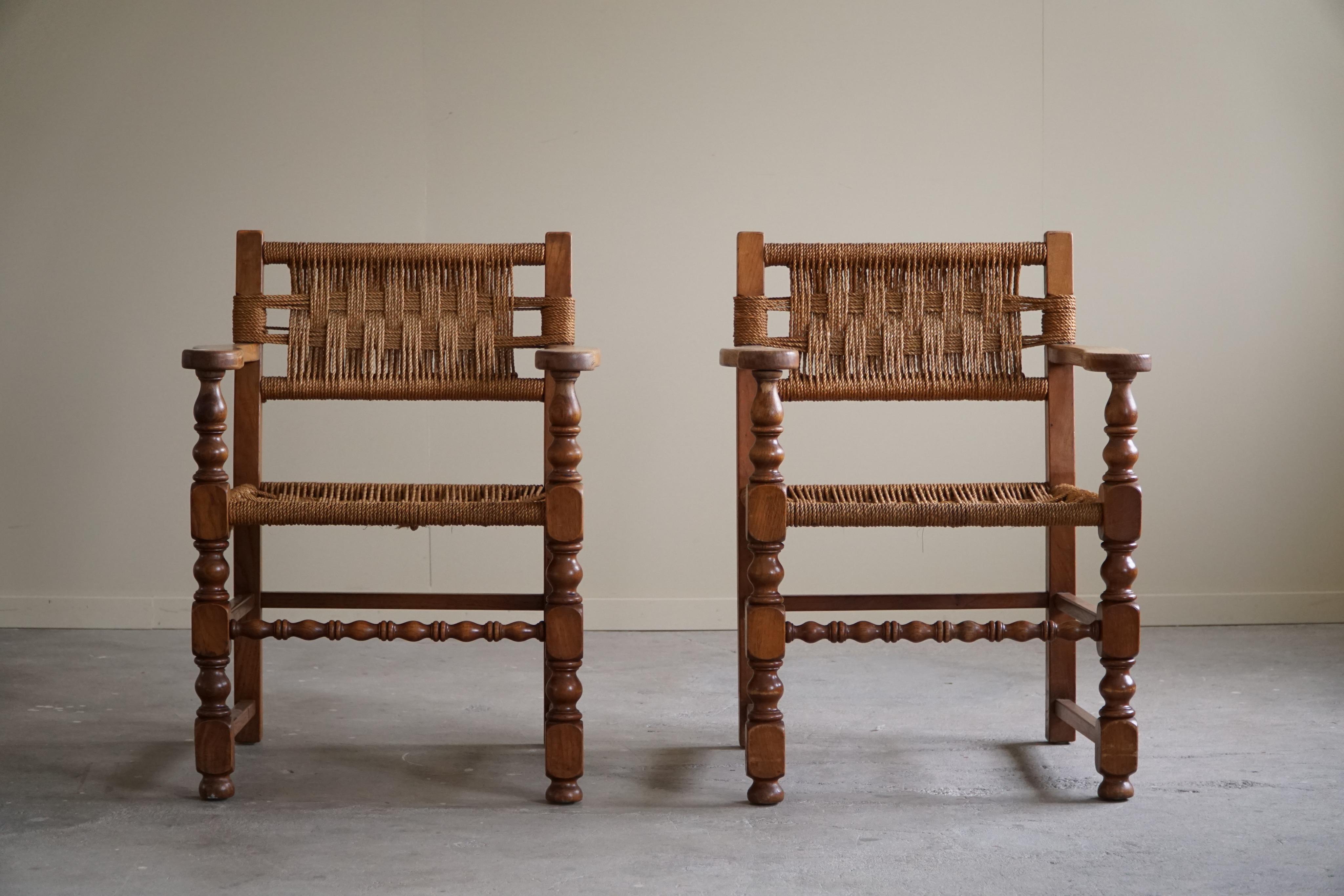 Hand-Crafted Pair of Sculptural Vintage Armchair in Oak & Papercord, Charles Dudouyt, 1940s For Sale