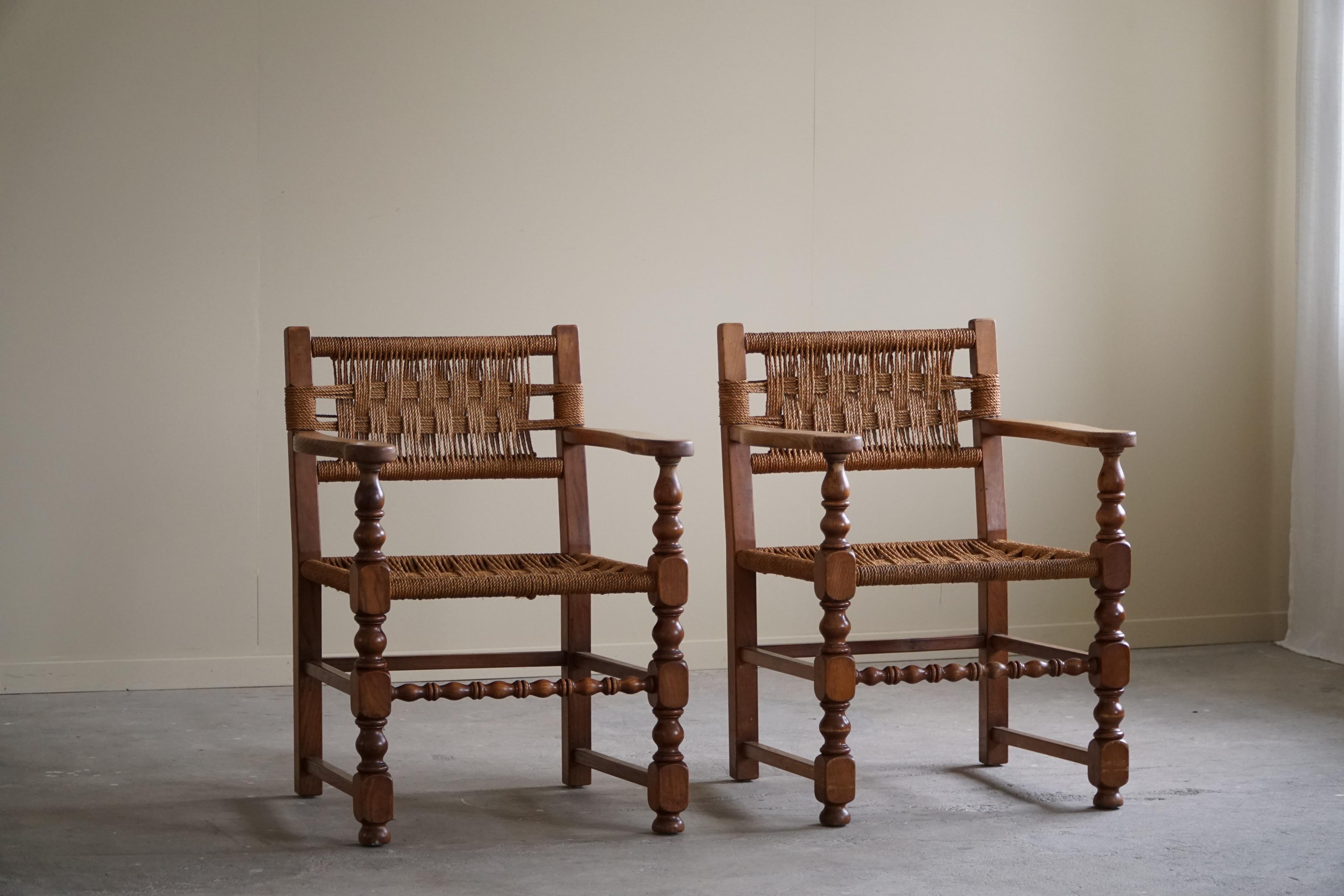 Pair of Sculptural Vintage Armchair in Oak & Papercord, Charles Dudouyt, 1940s For Sale 1