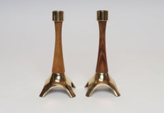 Pair of Sculptural Vintage Austrian Brass and Walnut Candlesticks