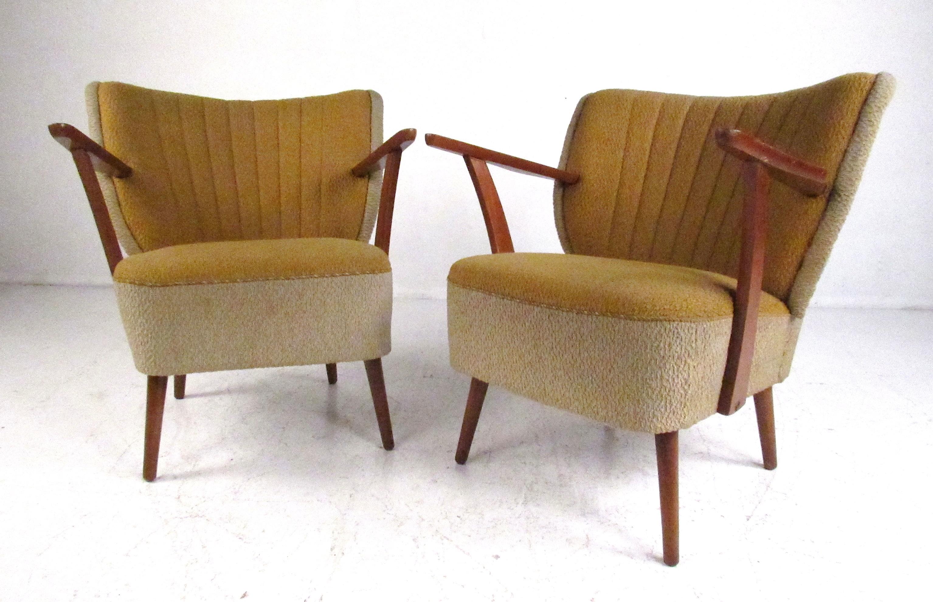 Incredible pair of vintage sculptural side chairs with original fabric. Please confirm item location (NY or NJ) with dealer.