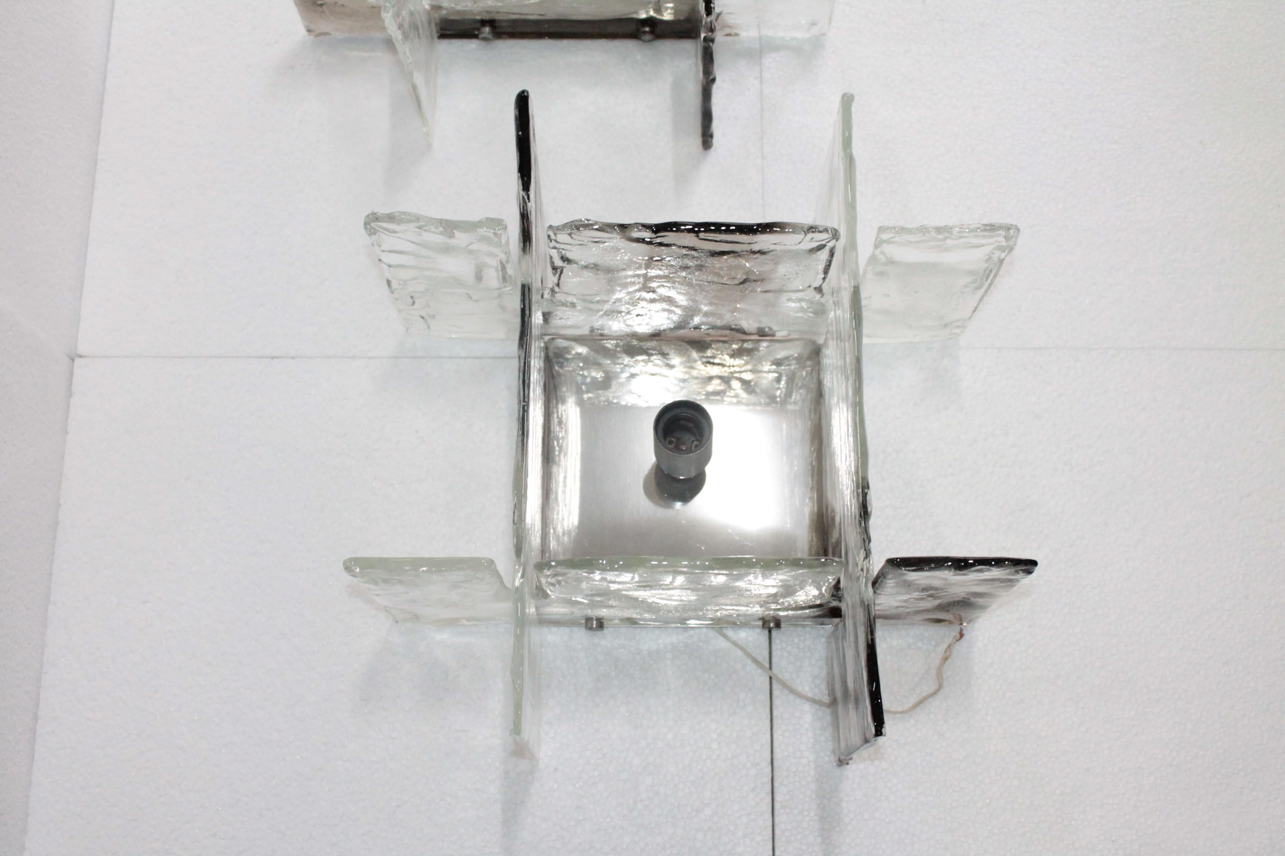 Murano Glass Pair of Sculptural Wall Lamp Murano Mazzega Ice Glass 1970s Carlo Nason Design